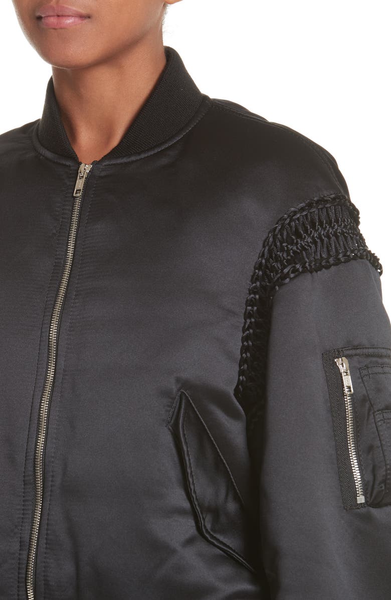 Noir Kei Ninomiya Macramé Trim Satin Bomber Jacket, Alternate, color, 