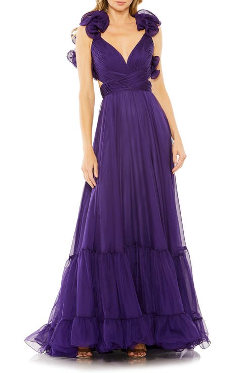 Sleeveless Ruffle Tiered Cut-Out Chiffon Gown