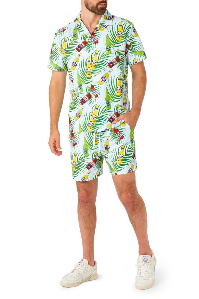 Tropical Beers Button-Up Shirt & Drawstring Shorts Set, Main, color, BLUE