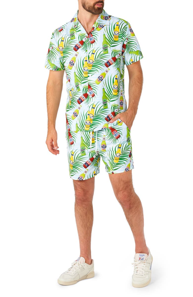 OppoSuits Tropical Beers Button-Up Shirt & Drawstring Shorts Set, Main, color, Blue