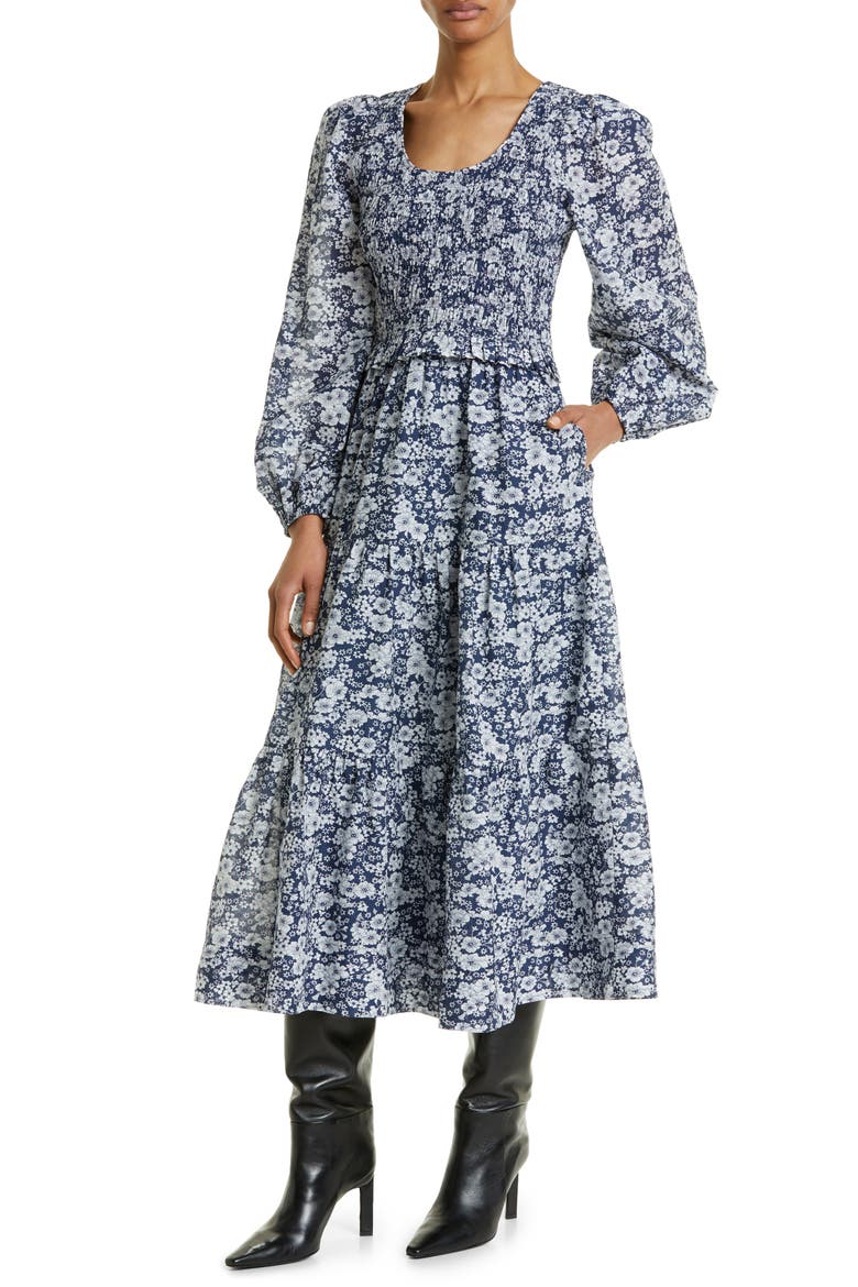 Suzie Smocked Floral Print Long Sleeve Cotton Midi Dress, Alternate, color, BLUE MULTI