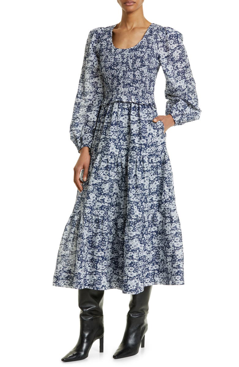 Sea Suzie Smocked Floral Print Long Sleeve Cotton Midi Dress, Alternate, color, 