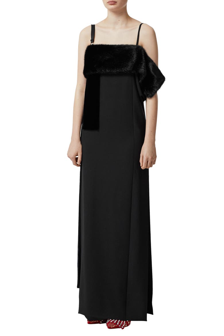 Faux Fur Detail Silk Gown, Main, color, BLACK