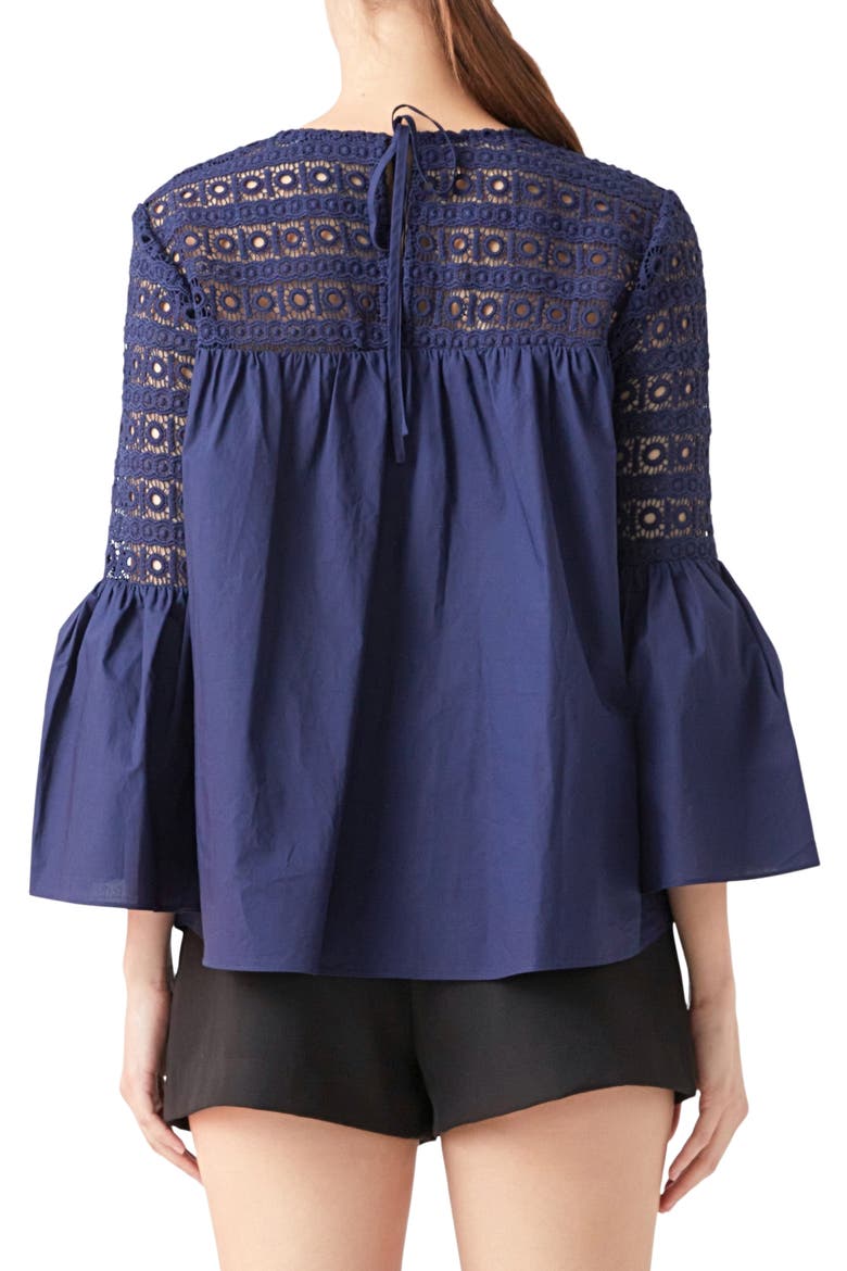 Bell Sleeve Lace Poplin Blouse, Alternate, color, NAVY