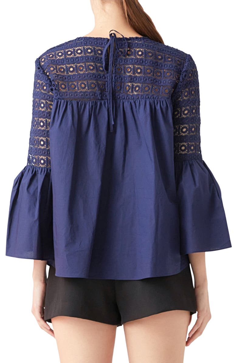 Endless Rose Bell Sleeve Lace Poplin Blouse, Alternate, color, Navy