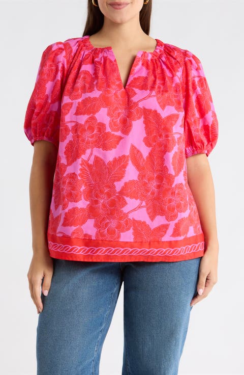 Rency Floral Gily Puff Sleeve Cotton Top (Plus)