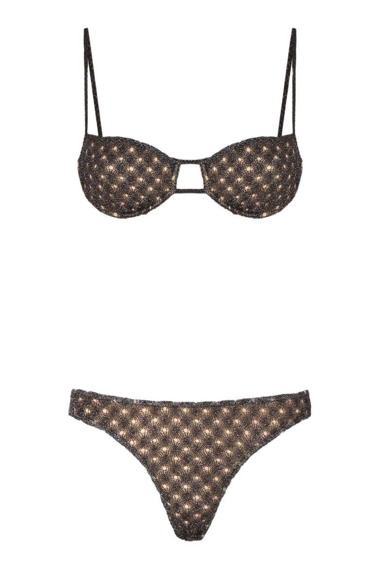 Balconette Bikini In Lamé Viscose With Spiderweb Motif, Alternate, color, Brown