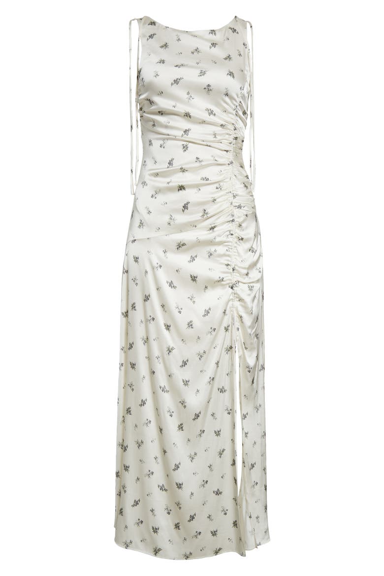 Printed Ruched Satin Maxi Dress, Alternate, color, EGRET