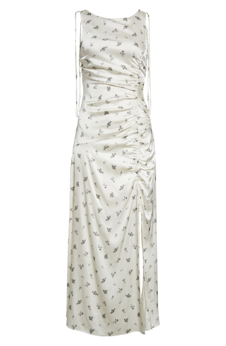 Ganni Printed Ruched Satin Maxi Dress, Alternate, color, Egret