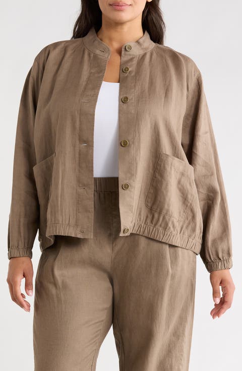 Stand Collar Linen Jacket (Plus)