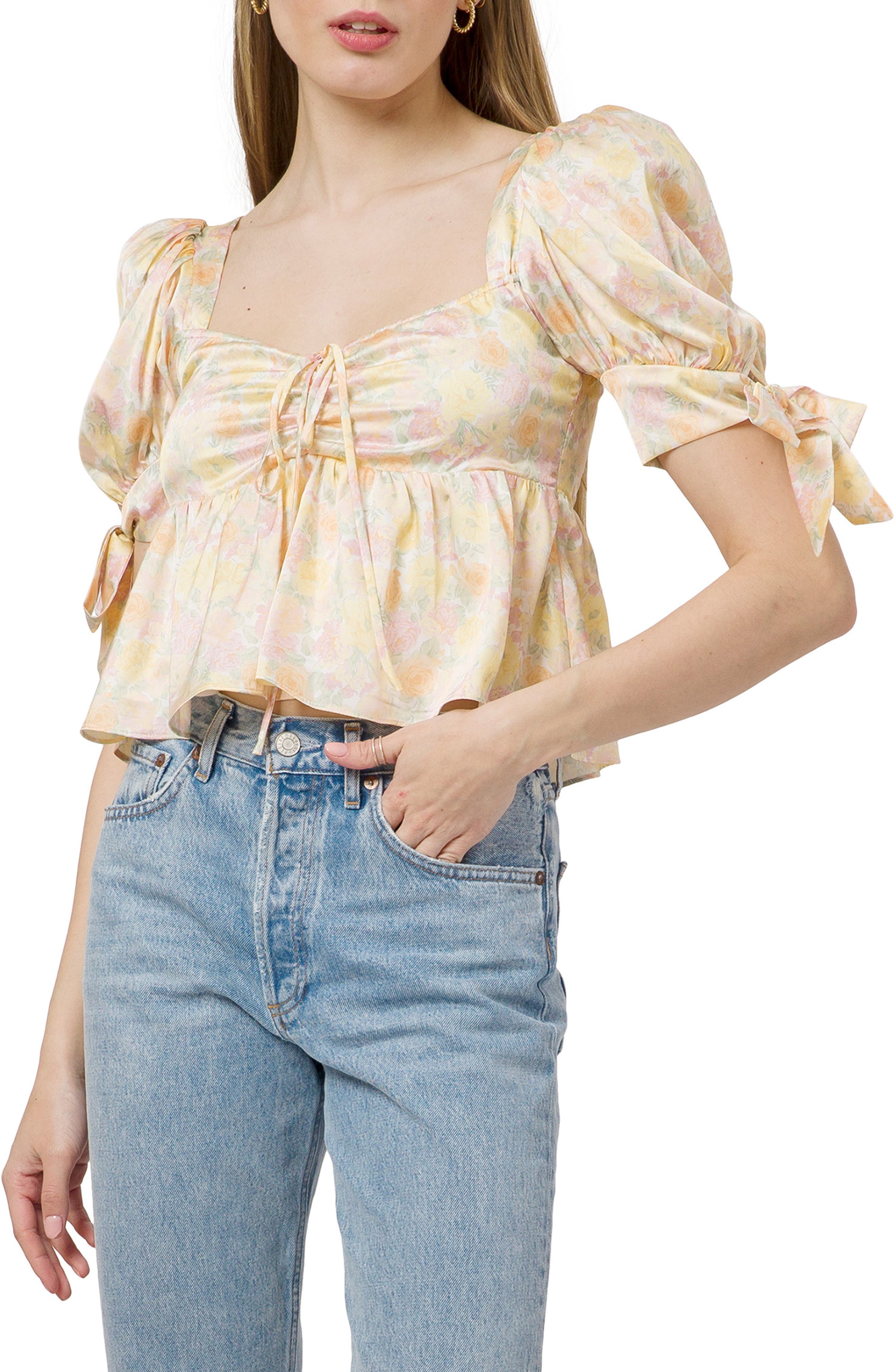 WAYF Floral Print Puff Sleeve Peplum Top