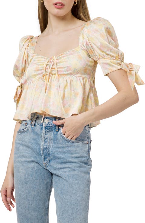 Floral Print Puff Sleeve Peplum Top