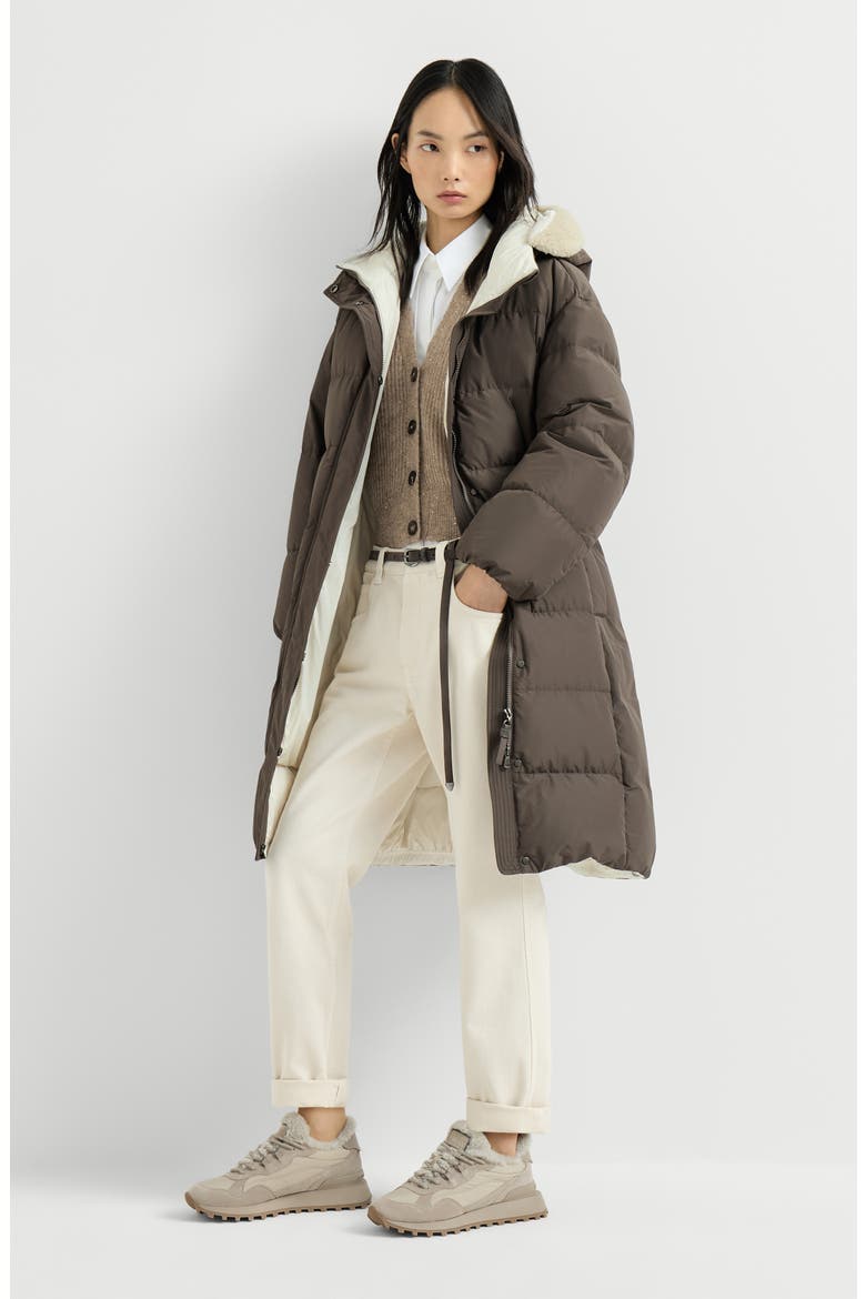 Techno cotton taffeta down coat with shearling inserts and shiny zipper pull, Alternate, color, Brown