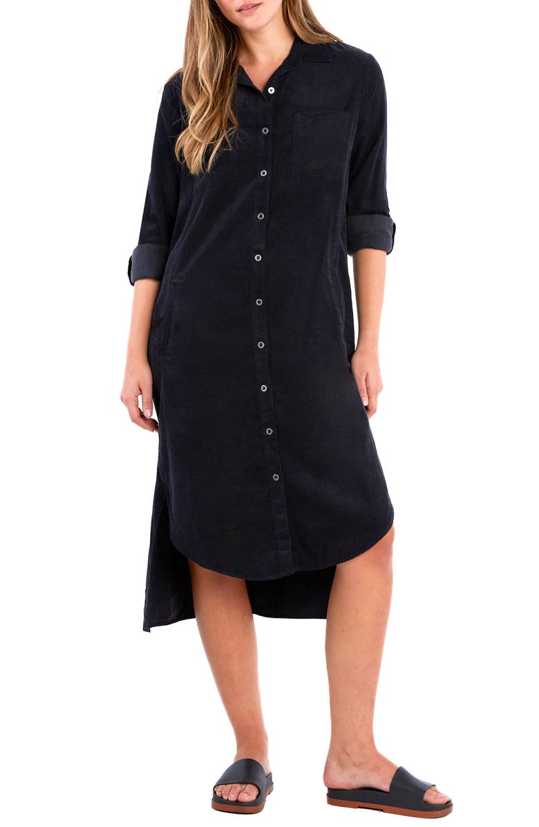 Wash Lab Denim Chill Out High-Low Corduroy Shirtdress, Main, color, Sleek Black