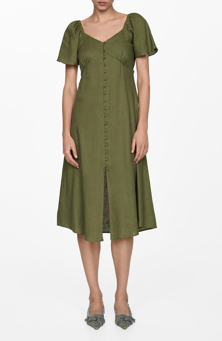 MANGO Flutter Sleeve Linen Blend Midi Dress, Main, color, 