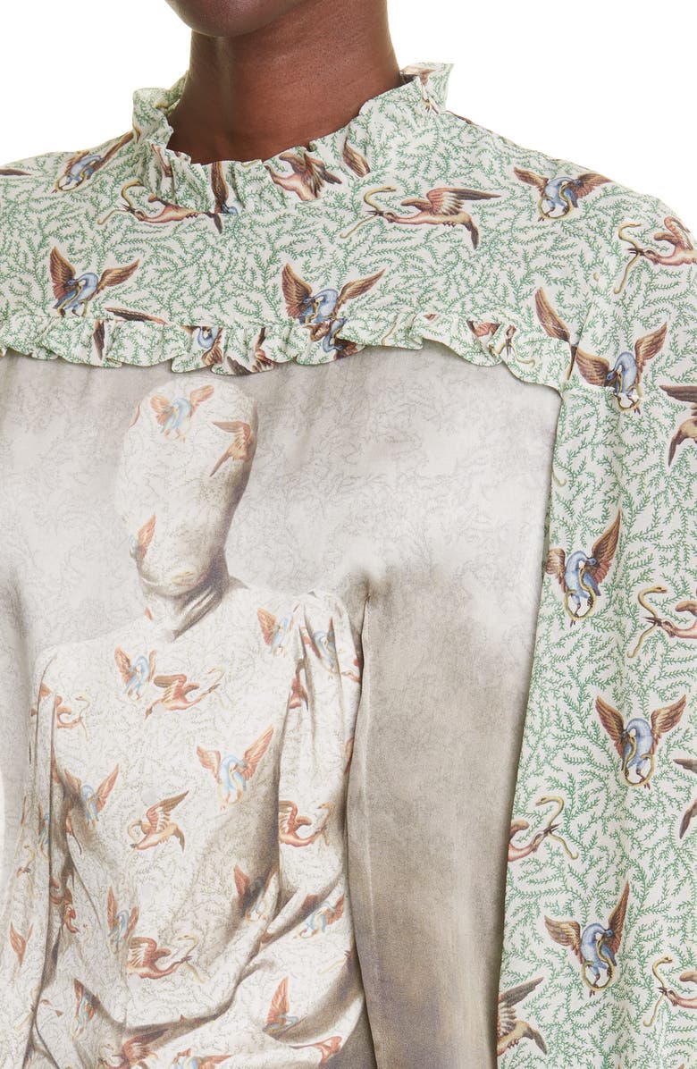 Undercover Bird Print Mock Neck Silk Blouse, Alternate, color, 