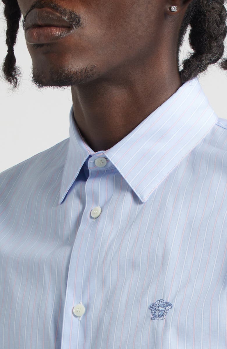 Versace Medusa Embroidered Stripe Cotton Poplin Button-Up Shirt, Alternate, color, Pastel Blue Pastel Pink