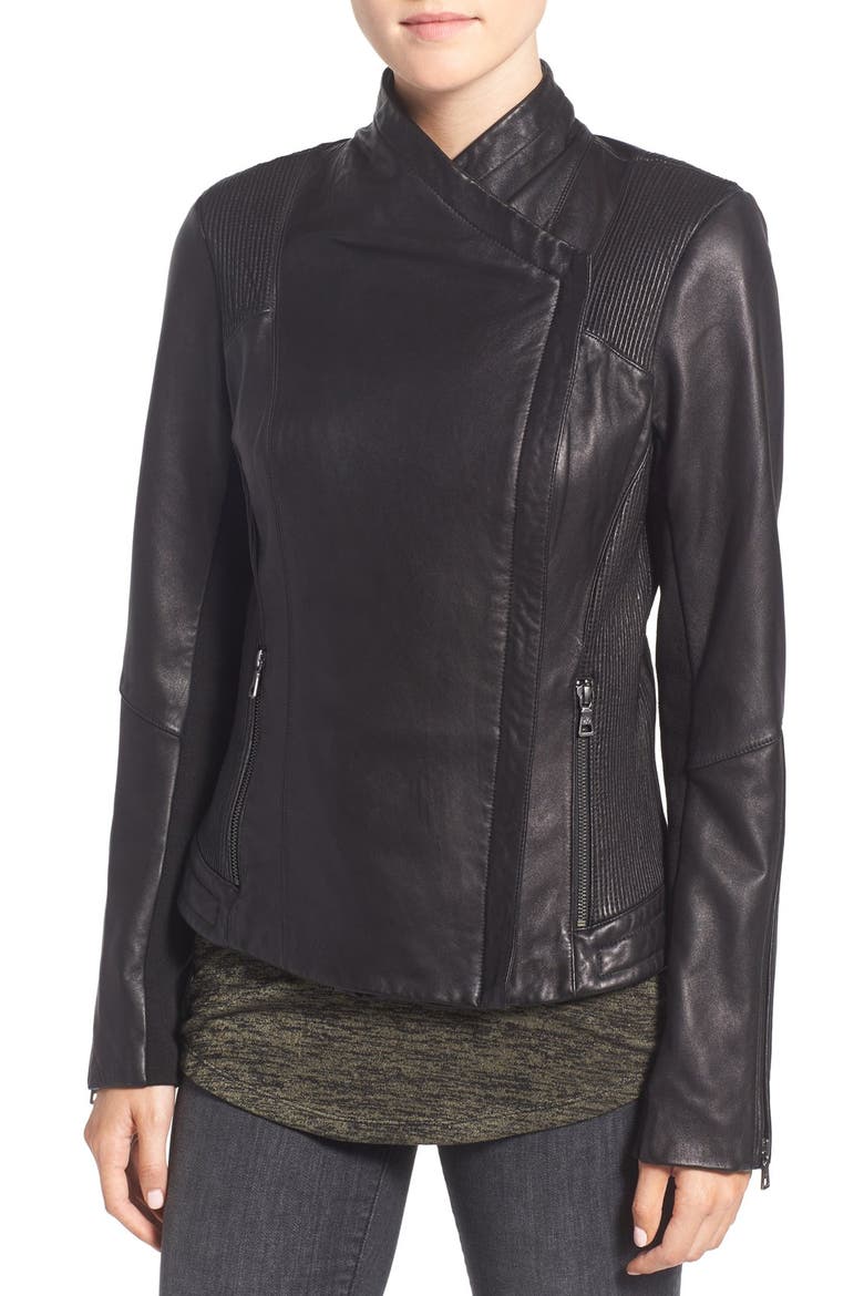 Pintucked Leather Jacket, Alternate, color, BLACK