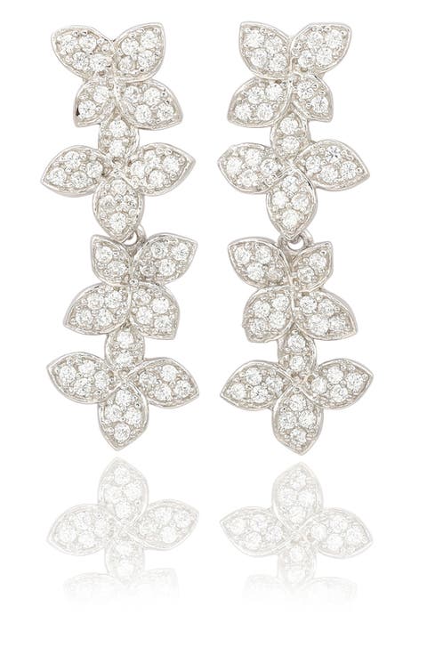 Sterling Silver Pavé Cubic Zirconia Floral Drop Earrings