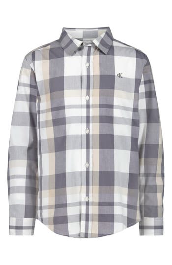 Calvin Klein Kids' Plaid Long Sleeve Button-up Shirt In Gray