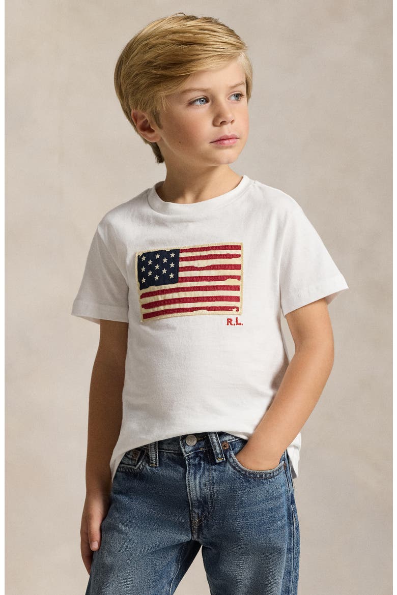 Kids' American Flag Appliqué Cotton T-Shirt, Alternate, color, WHITE