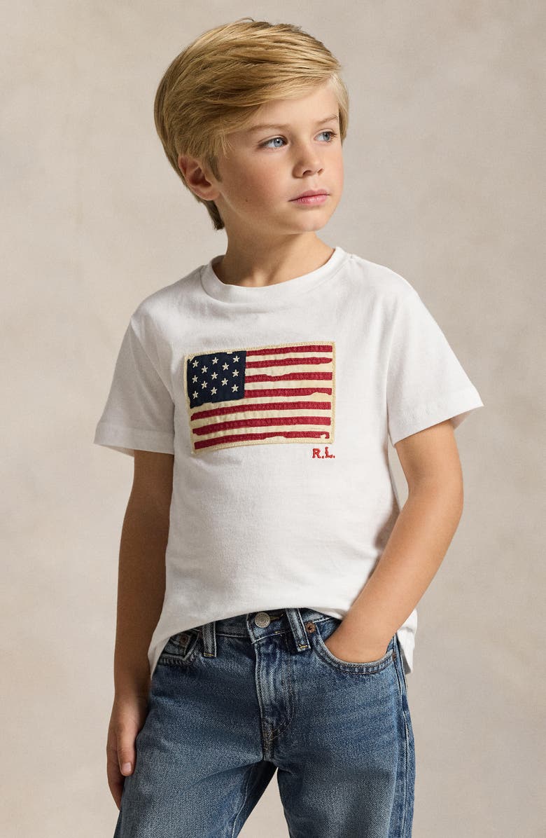 Polo Ralph Lauren Kids' American Flag Appliqué Cotton T-Shirt, Alternate, color, White