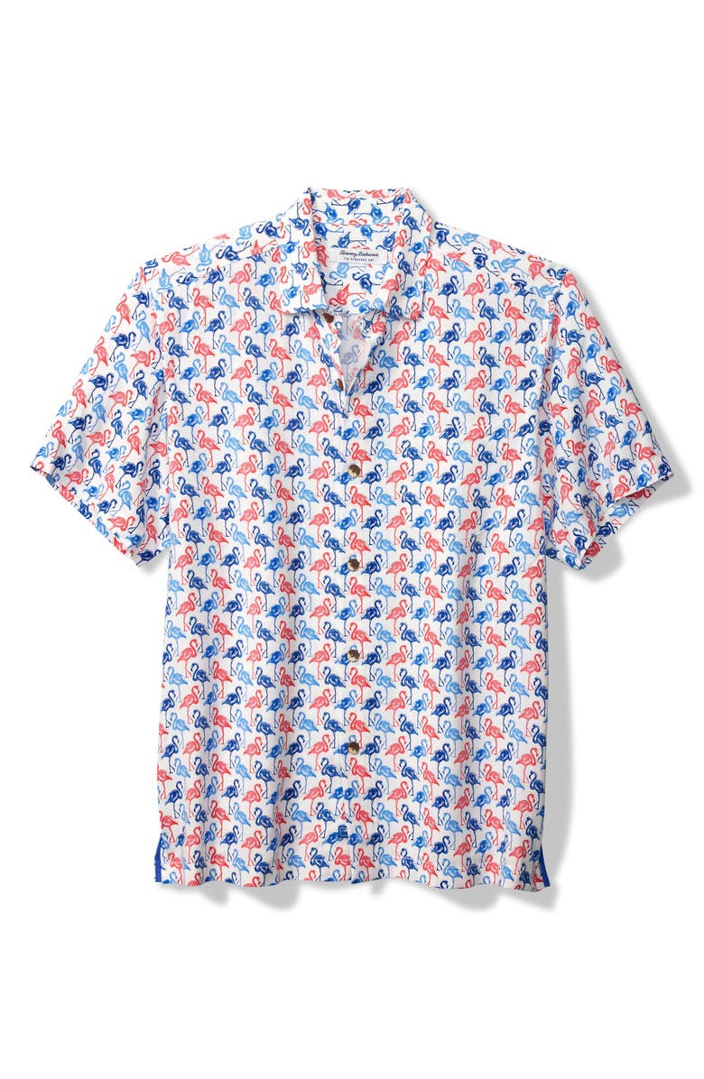 Tommy Bahama Veracruz Cay Flamingo Mingle Short Sleeve Button-Up Shirt, Main, color, White