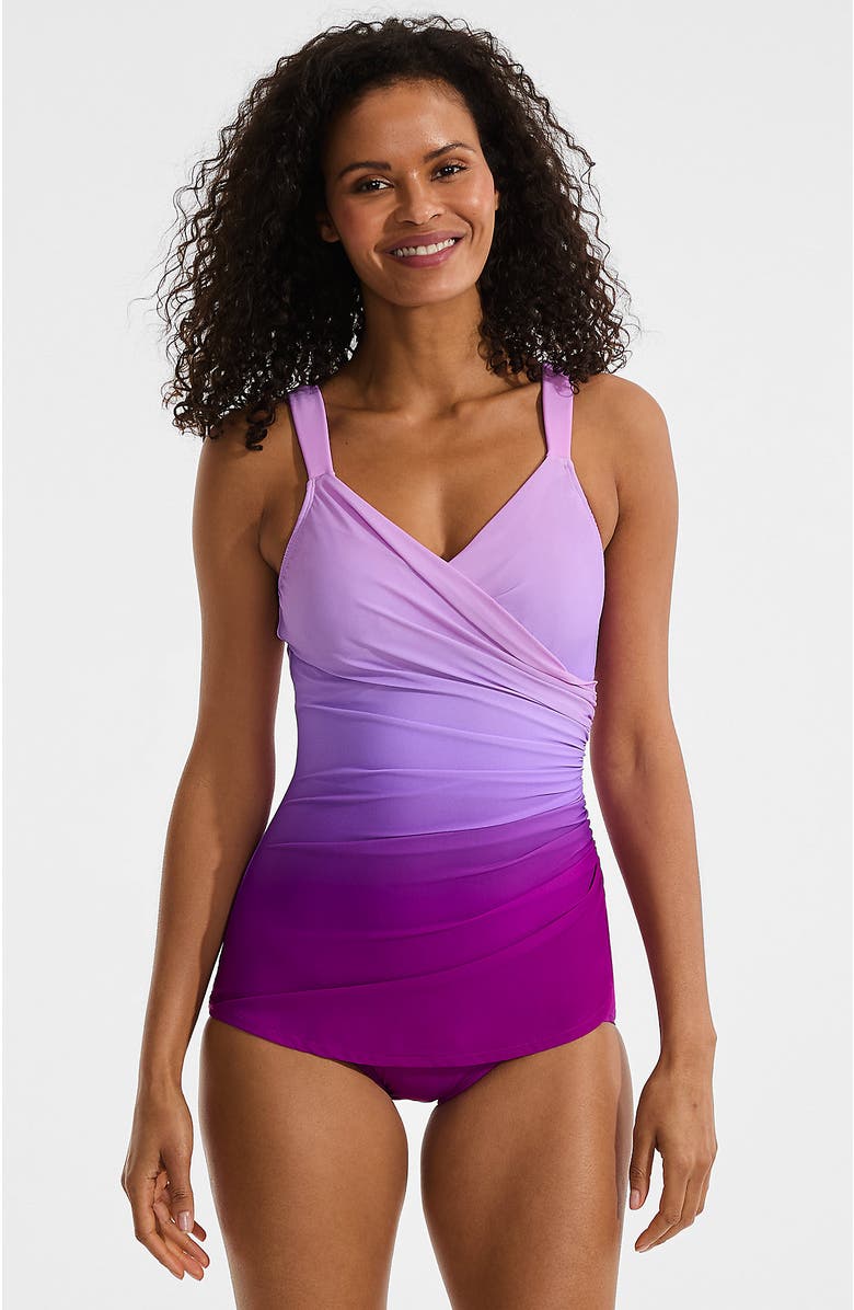 Lands' End DDD-Cup Slender V-Neck Tummy Control Chlorine Resistant Skirted One Piece Swimsuit, Main, color, Crimson Rose/Purple Ombre
