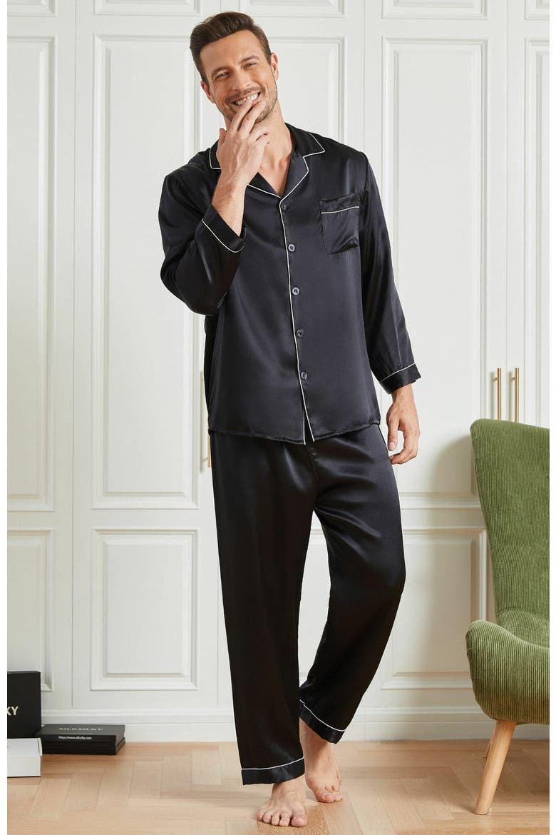 Silk Men's Lapel Long Sleeve Pajamas Set, Alternate, color, Black