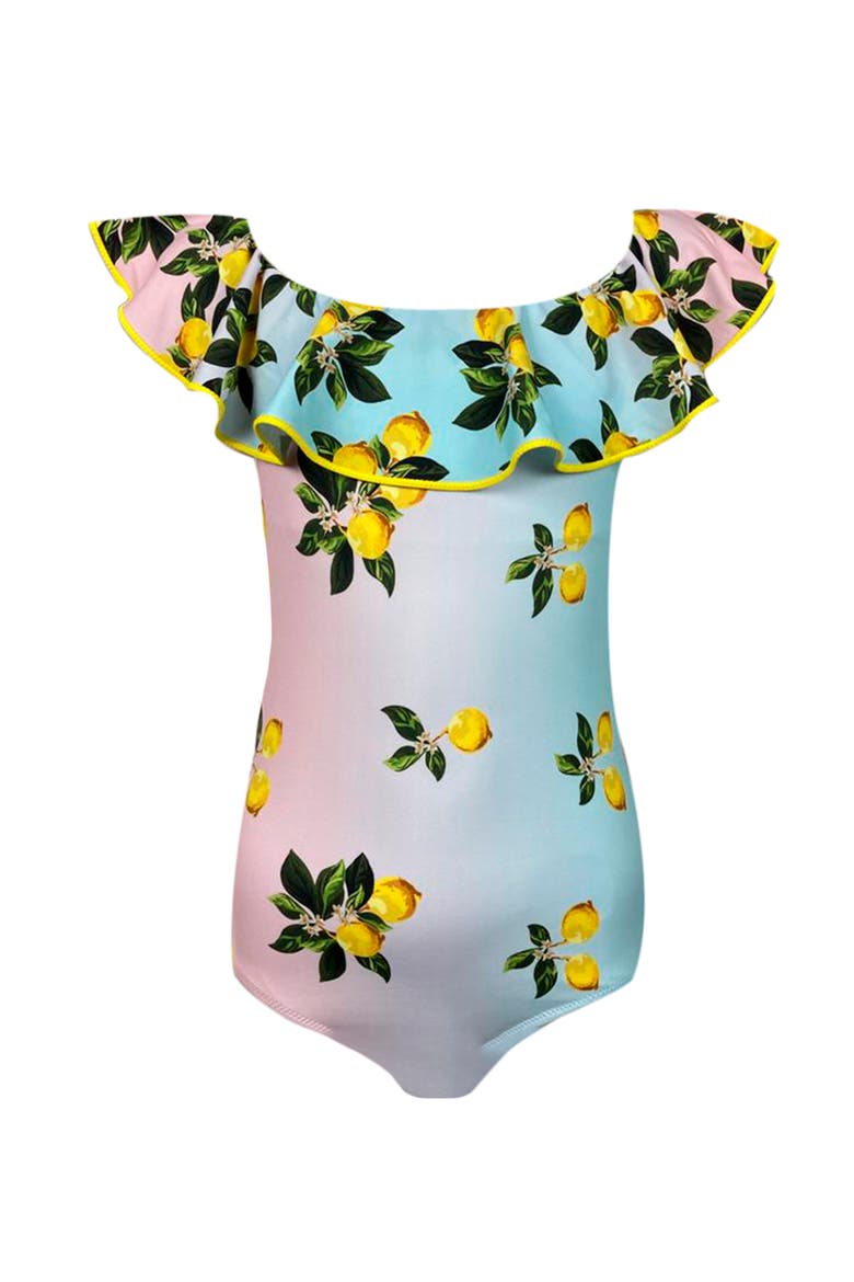 Off Shoulder Multicolor Lemon Print  One-Piece Swimsuit, Little Kid-Big Kid, Main, color, Multicolor