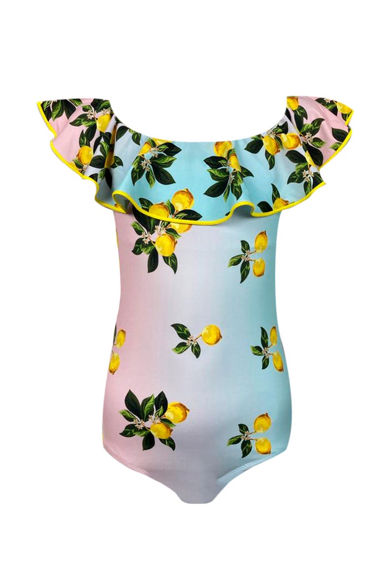 NESSI BYRD Off Shoulder Multicolor Lemon Print One-Piece Swimsuit, Little Kid-Big Kid, Main, color, Multicolor