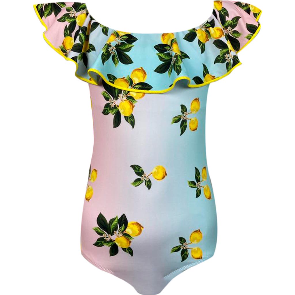 Nessi Byrd Off Shoulder Multicolor Lemon Print One-piece Swimsuit, Little Kid-big Kid In Multi