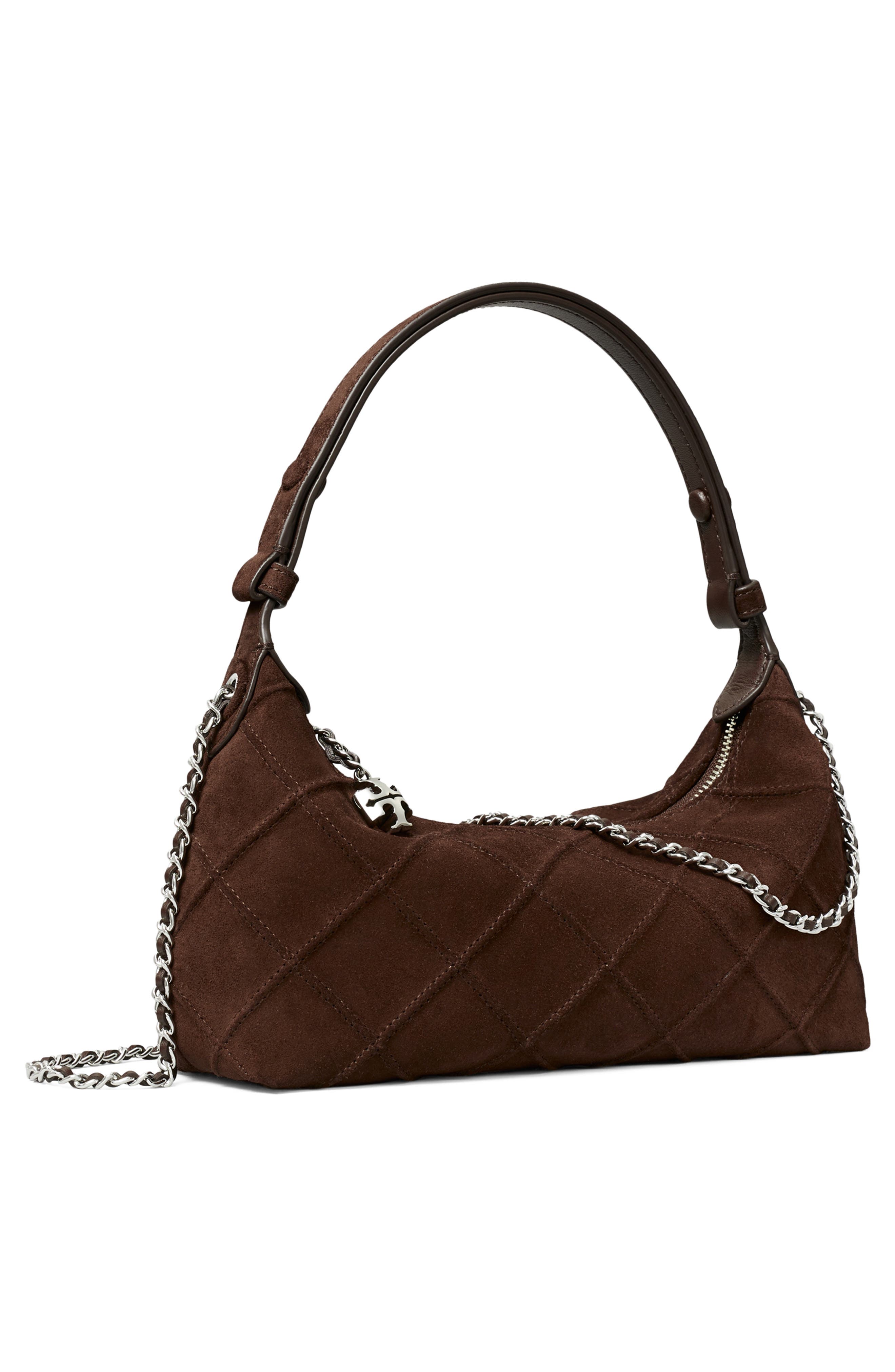 Tory Burch Fleming Pochette Quilted Suede Shoulder Bag, Alternate, color, Dark Cocoa