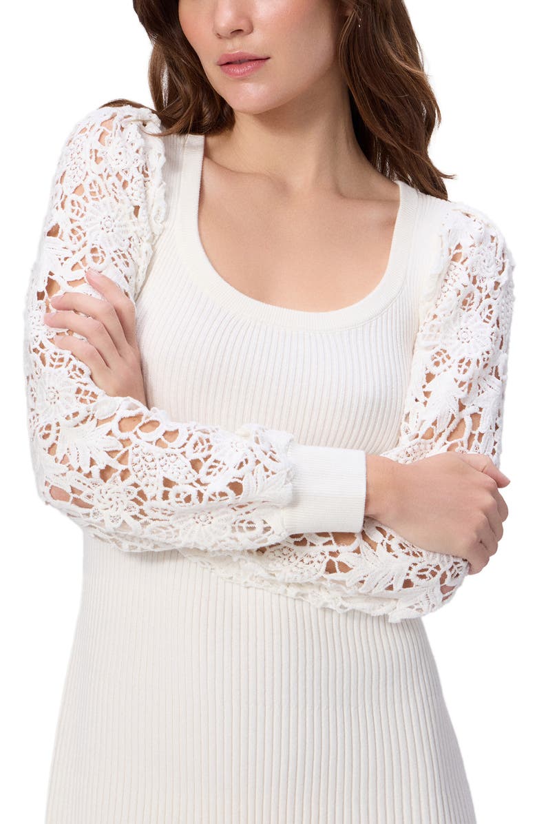PAIGE Anne Lace Long Sleeve Organic Cotton Blend Rib Minidress, Alternate, color, Ivory