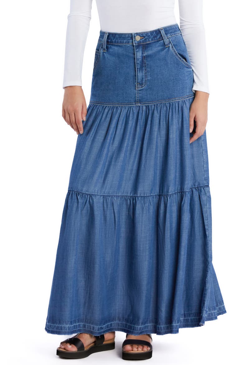 Contrast Tiered Denim Maxi Skirt, Main, color, TAYLOR BLUE
