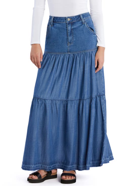 Contrast Tiered Denim Maxi Skirt