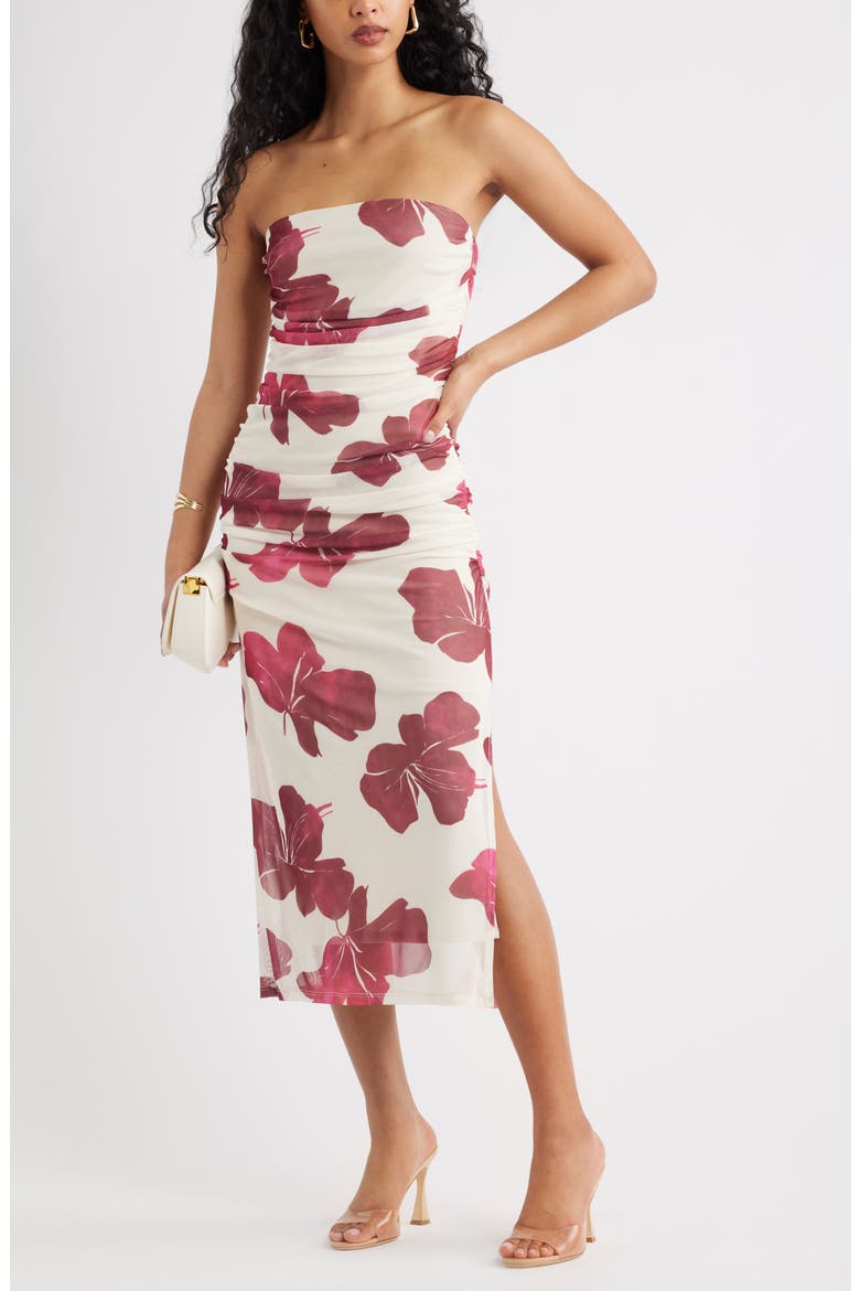 Ruched Strapless Mesh Dress, Alternate, color, IVORY- PINK WATERED HIBISCUS