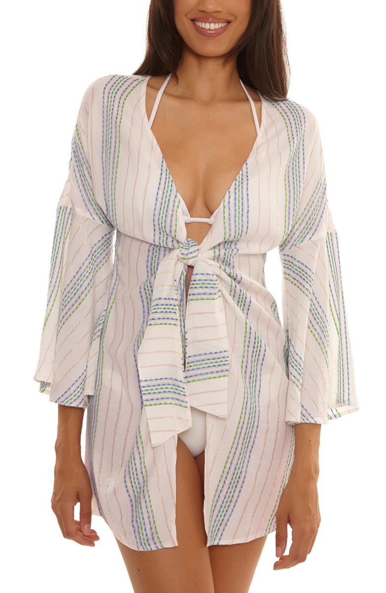 Becca Radiance V-Neck Long Sleeve Cover-Up Tunic, Main, color, Sky Blue/ White