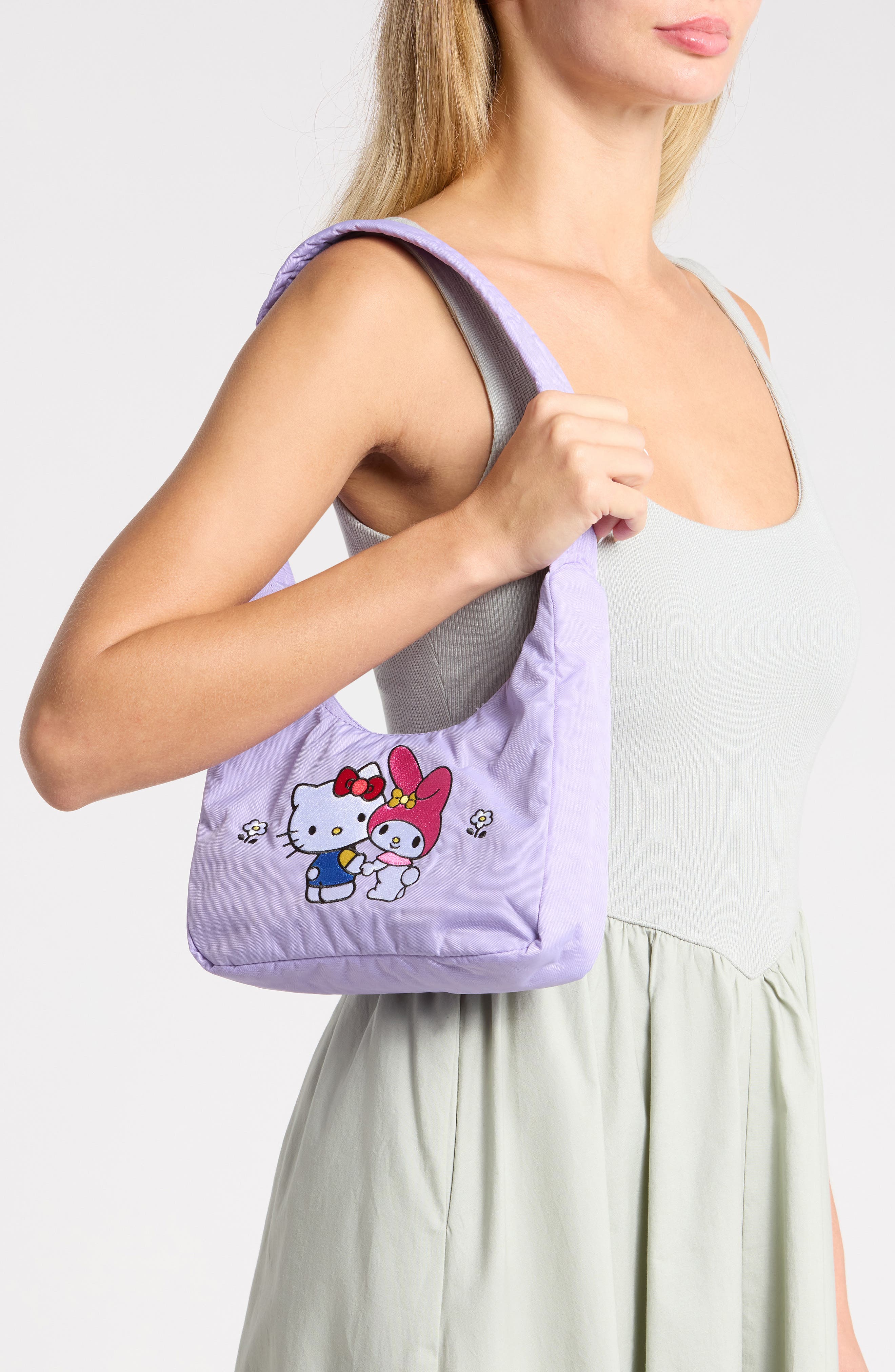Hello Kitty Recycled Nylon Mini Shoulder Bag, Alternate, color, EMBROIDERED HELLO KITTY MY MELODY
