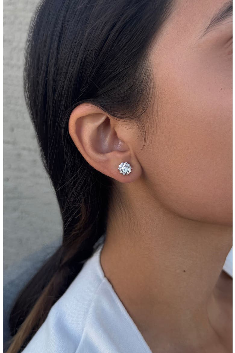 Cubic Zirconia Floral Halo Stud Earrings, Alternate, color, SILVER