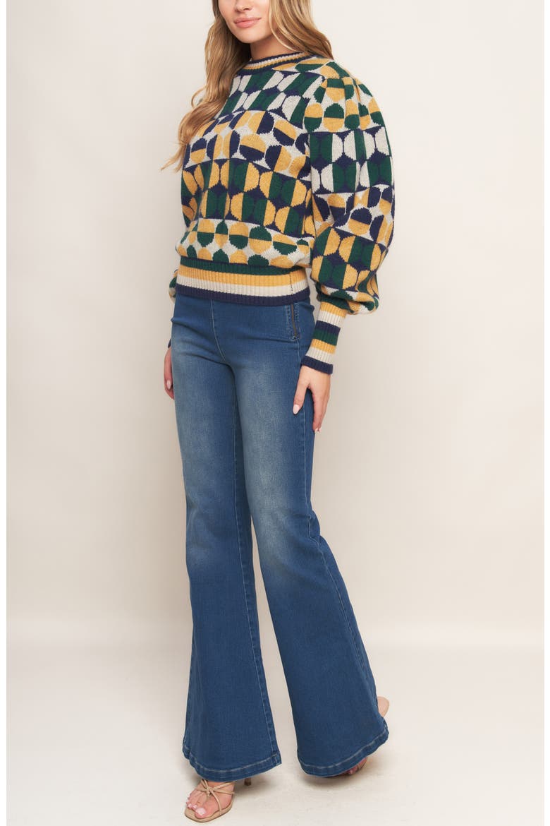 Geometric Balloon Sleeve Sweater, Alternate, color, GREEN/ NAVY