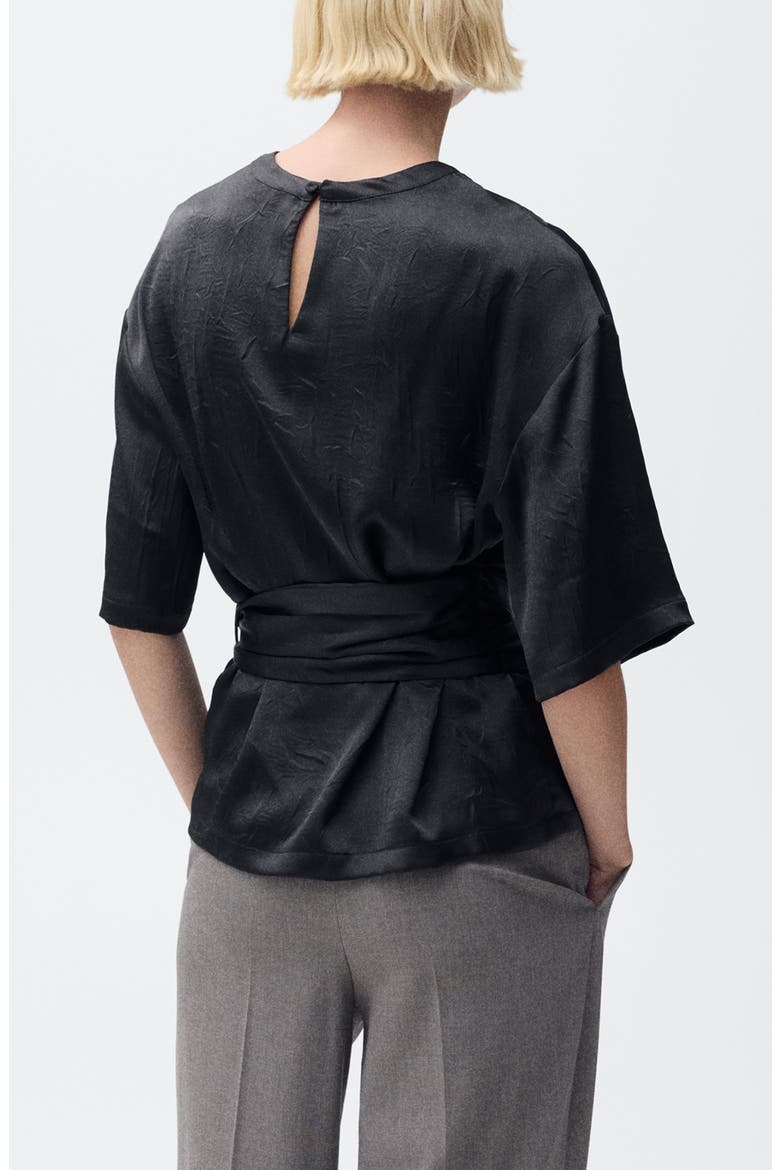 Belted Satin Shirt, Alternate, color, BLACK