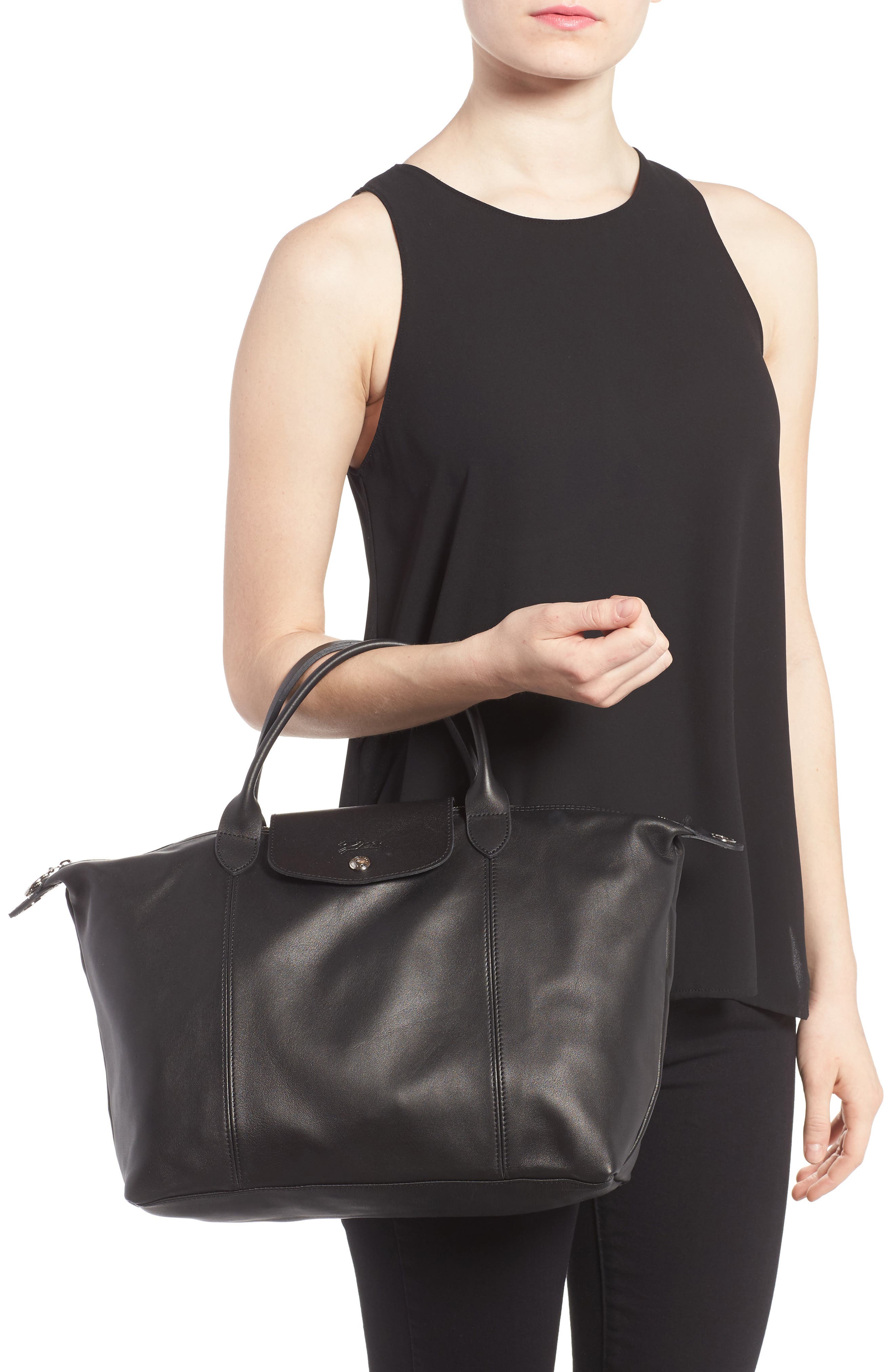 Medium 'Le Pliage Cuir' Leather Top Handle Tote, Alternate, color, BLACK
