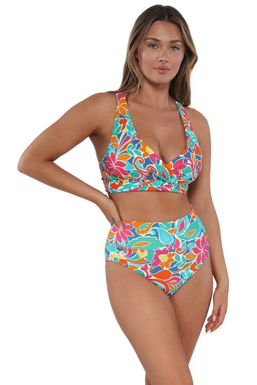 Sunsets Hannah High Waist Bikini Swim Bottoms In Festive Floral Sandbar Rib