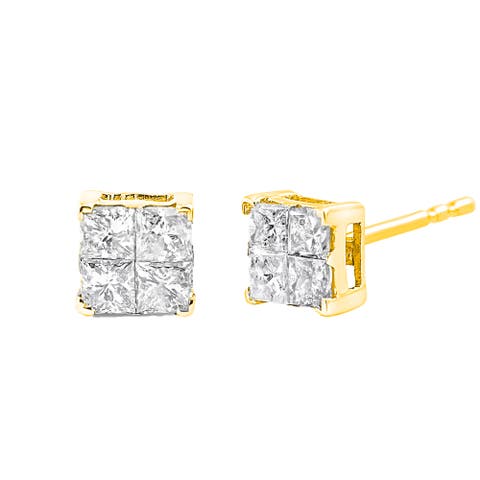 10K Yellow Gold Plated Silver 1.0 Ct Princess Composite Multi Stone Stud Earrings