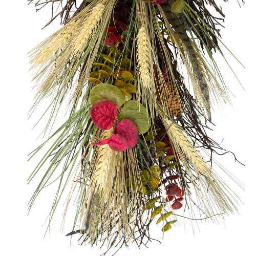 Northlight 24" Autumn Harvest Wheat And Eucalyptus With Feathers Teardrop Swag In Multi