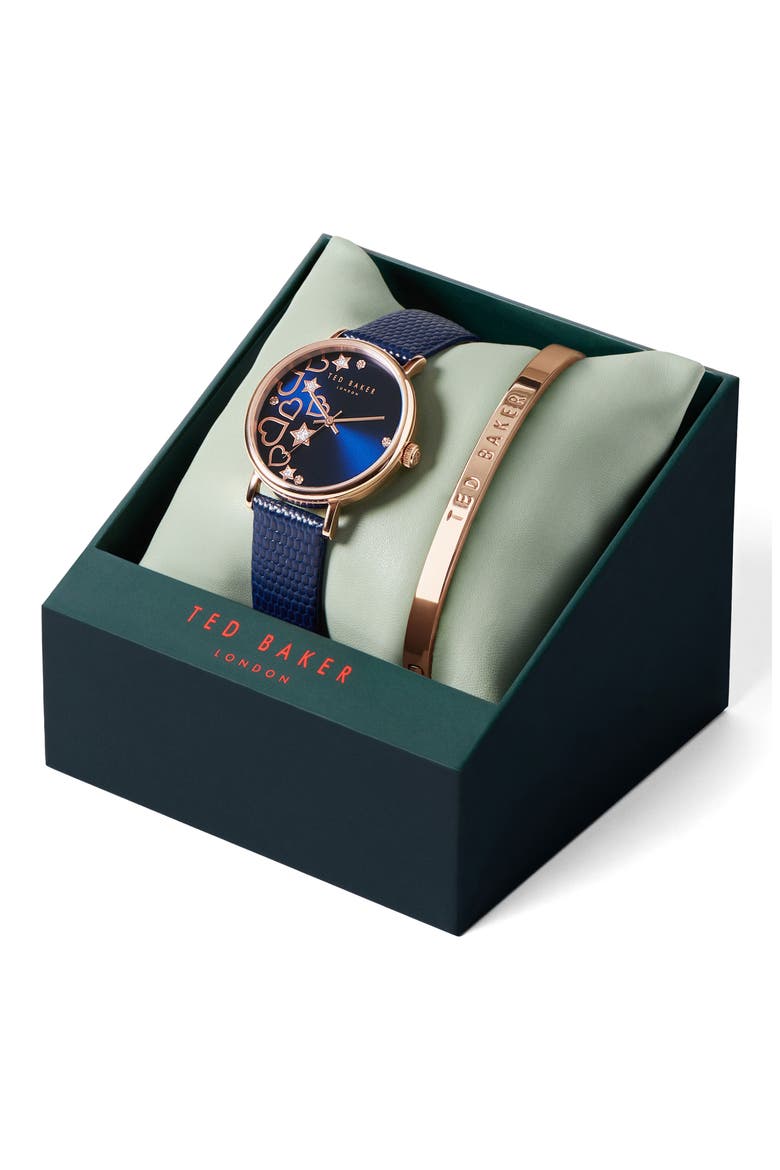 Phylipa Leather Strap Watch & Bangle Bracelet Set, 34mm, Alternate, color, ROSE GOLD/ BLUE/ BLUE