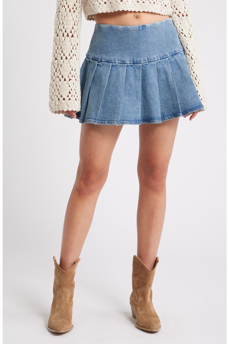 Pleated Denim Miniskirt, Main, color, BLUE DENIM WASH