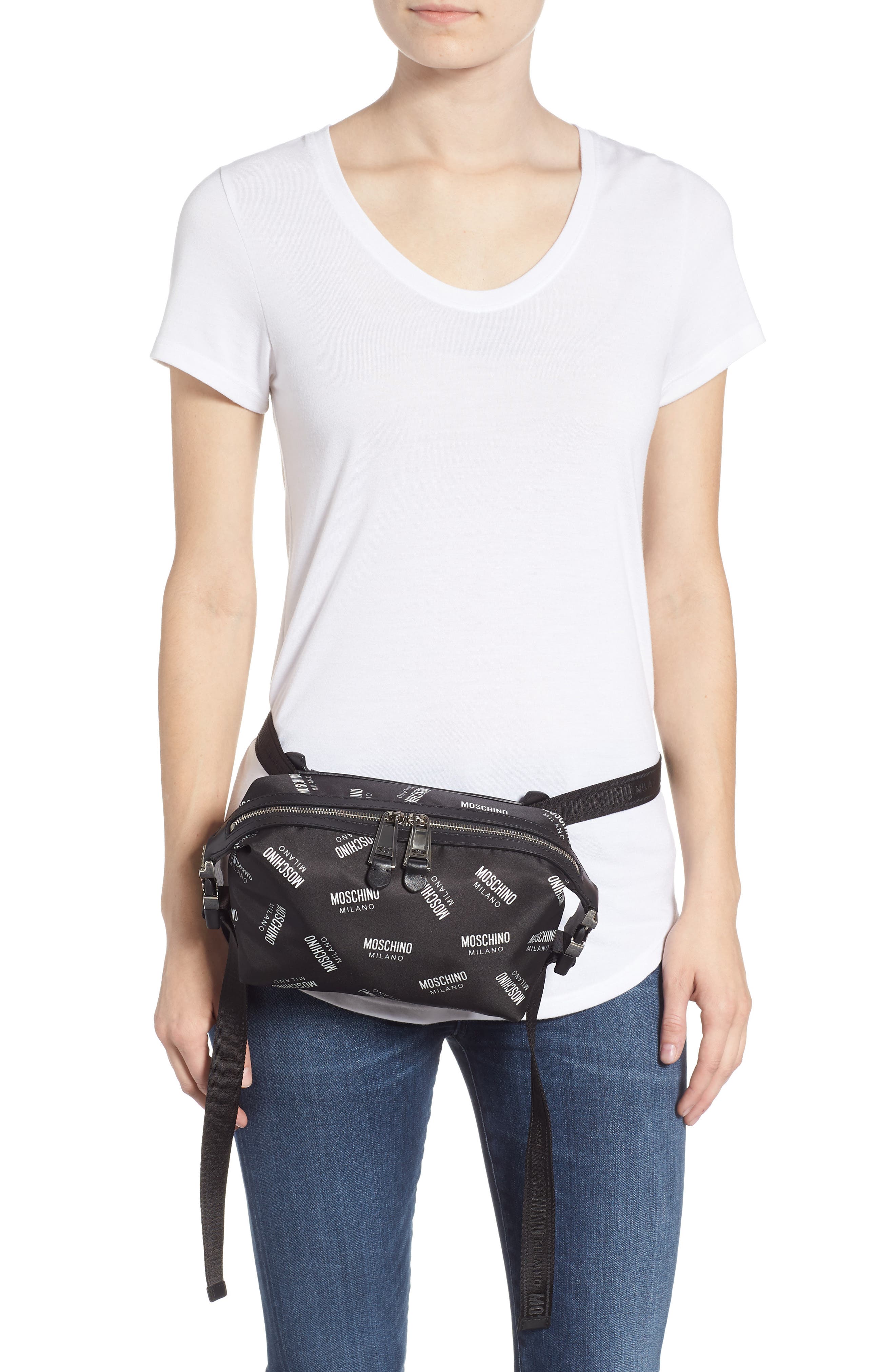 Moschino Logo Print Nylon Blend Belt Bag, Alternate, color, 