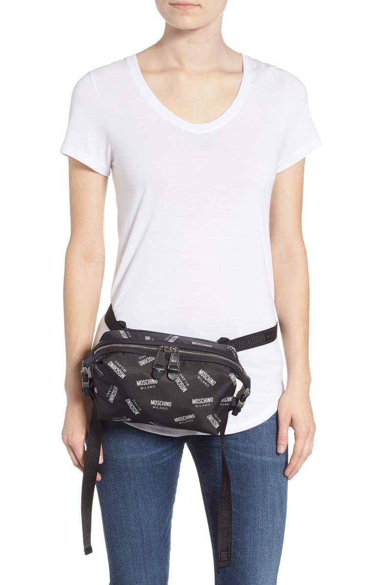 Moschino Logo Print Nylon Blend Belt Bag, Alternate, color,